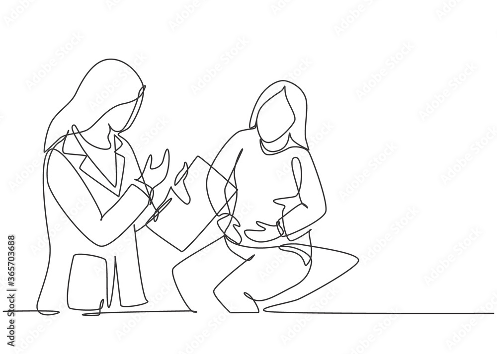 Single continuous single line drawing of young female doctor examining patient who complain about condition of her stomach at hospital. Medical checkup concept one line draw design vector illustration