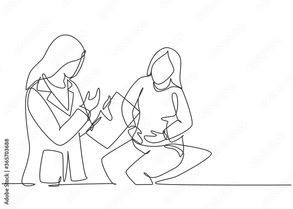 Single continuous single line drawing of young female doctor examining patient who complain about condition of her stomach at hospital. Medical checkup concept one line draw design vector illustration Single continuous single line drawing of young female doctor examining patient who complain about condition of her stomach at hospital. Medical checkup concept one line draw design vector illustration