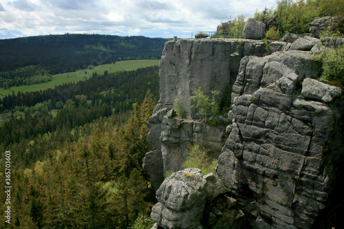 Rock formations in Szczeliniec Wielki in the Stolowe Mountains, the Sudeten range in Poland. The Stolowy Mountains National Park is a great tourist attraction