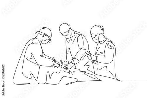 Single continuous single line drawing group of team surgeon doctor doing surgery operation to the patient with critical condition. Operating surgery concept one line draw design vector illustration photo