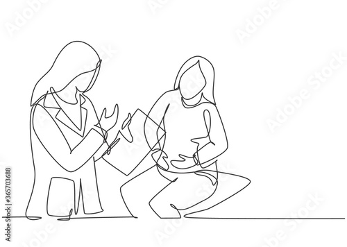Single continuous single line drawing of young female doctor examining patient who complain about condition of her stomach at hospital. Medical checkup concept one line draw design vector illustration