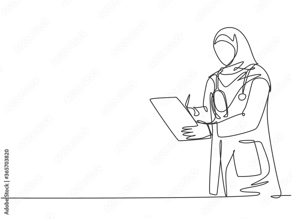 One single line drawing of young Arabian muslimah doctor wearing hijab writing medical report on clipboard at hospital. Medical health care concept continuous line draw design vector illustration One single line drawing of young Arabian muslimah doctor wearing hijab writing medical report on clipboard at hospital. Medical health care concept continuous line draw design vector illustration