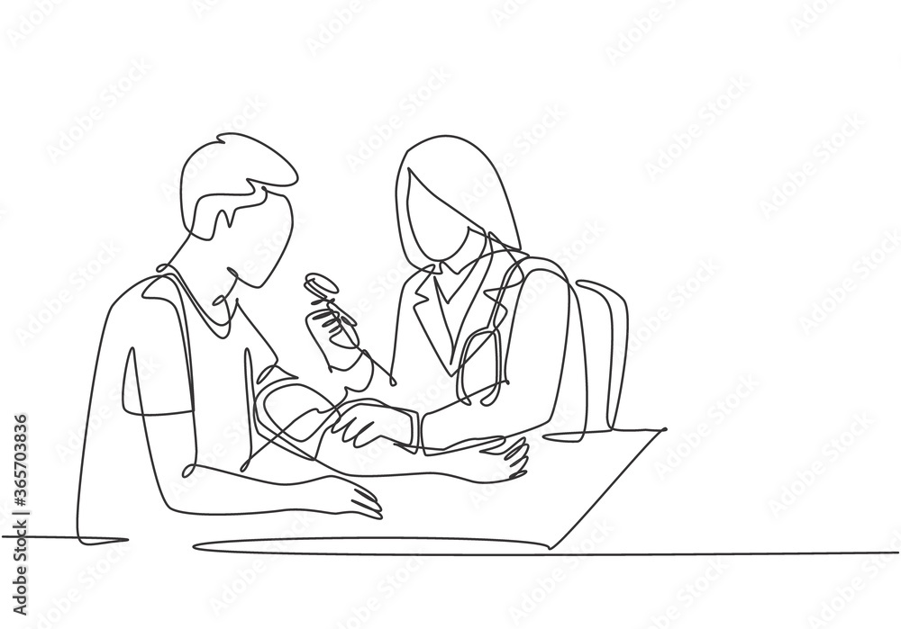 One continuous single line drawing of young female doctor check the patient's blood pressure and