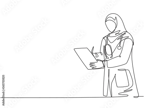 One single line drawing of young Arabian muslimah doctor wearing hijab writing medical report on clipboard at hospital. Medical health care concept continuous line draw design vector illustration