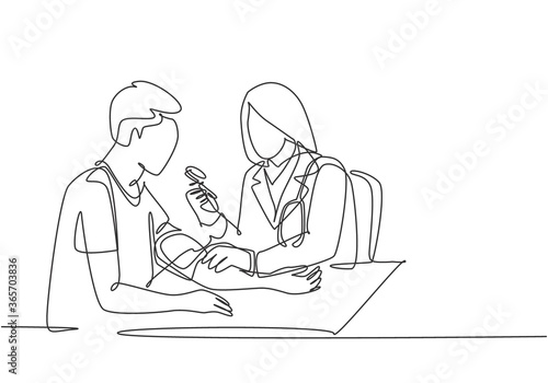 One continuous single line drawing of young female doctor check the patient's blood pressure and pulse rate at hospital. Medical check up healthcare concept single line draw design vector illustration