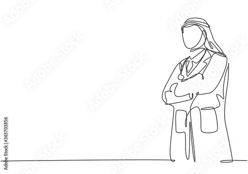 One single line drawing of young muslim Arabian doctor pose standing and put the hands cross in front of his chest. Medical health care service concept continuous line draw design vector illustration