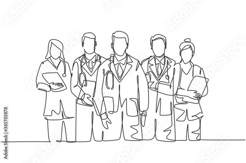Single continuous single line drawing group of talented male and female doctors standing and posing together at hospital. Medical health care treatment concept one line draw design vector illustration