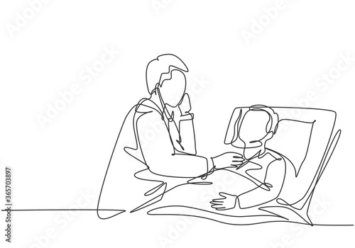 One single line drawing of young male doctor examining patient health condition and checking his pulse rate. Medical health care treatment concept continuous line draw design vector illustration