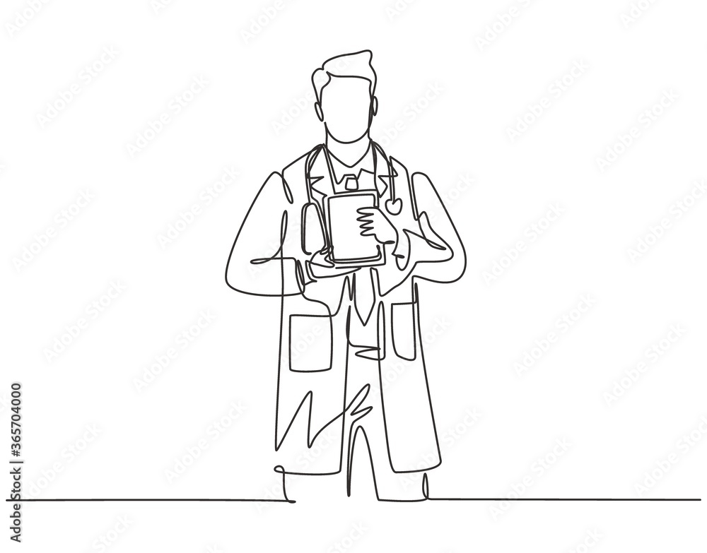Single continuous line drawing of young smart male doctor showing award about innovation technology to cure patient. Medical invention achievement concept one line draw design vector illustration Single continuous line drawing of young smart male doctor showing award about innovation technology to cure patient. Medical invention achievement concept one line draw design vector illustration
