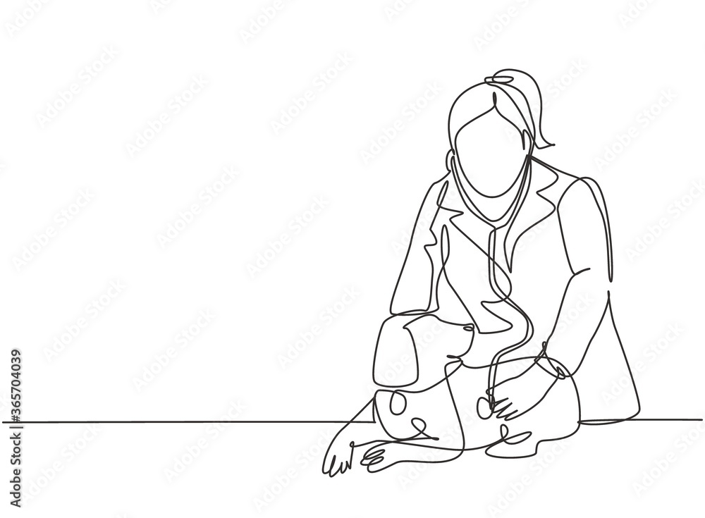 One single line drawing of young happy female veterinarian examining and take care of a sick dog because of a virus. Pet health care service concept continuous line draw design vector illustration One single line drawing of young happy female veterinarian examining and take care of a sick dog because of a virus. Pet health care service concept continuous line draw design vector illustration
