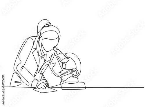 One continuous line drawing of female scientist researching antibiotic formula using microscope to find covid vaccine. Coronavirus medical research concept single line draw design vector illustration