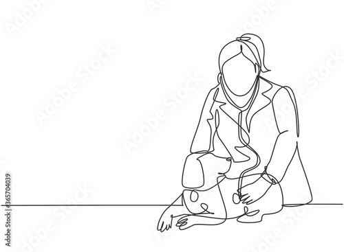 One single line drawing of young happy female veterinarian examining and take care of a sick dog because of a virus. Pet health care service concept continuous line draw design vector illustration