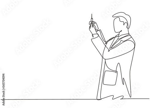 Single continuous line drawing of male doctor measure proper dose about covid vaccine injection for the sick patient. Coronavirus medical treatment concept one line draw design vector illustration