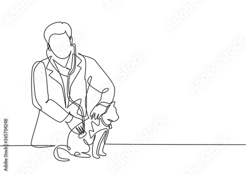 Single continuous line drawing of young male veterinarian examining and take care of a sick cat because of a bacteria. Pet health care service concept one line draw design vector illustration