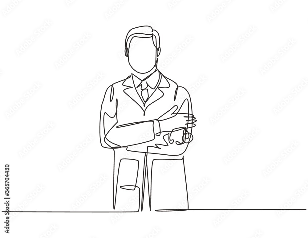 One single line drawing of young happy male doctor pose standing while hold a stethoscope and cross hands on chest. Medical healthcare service concept continuous line draw design vector illustration