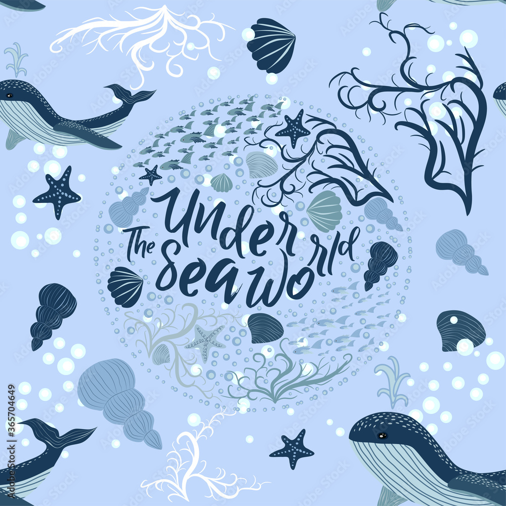 Naklejka premium seamless pattern with underwater animals, seaweed and corals. Repeated texture with sea cartoon characters.