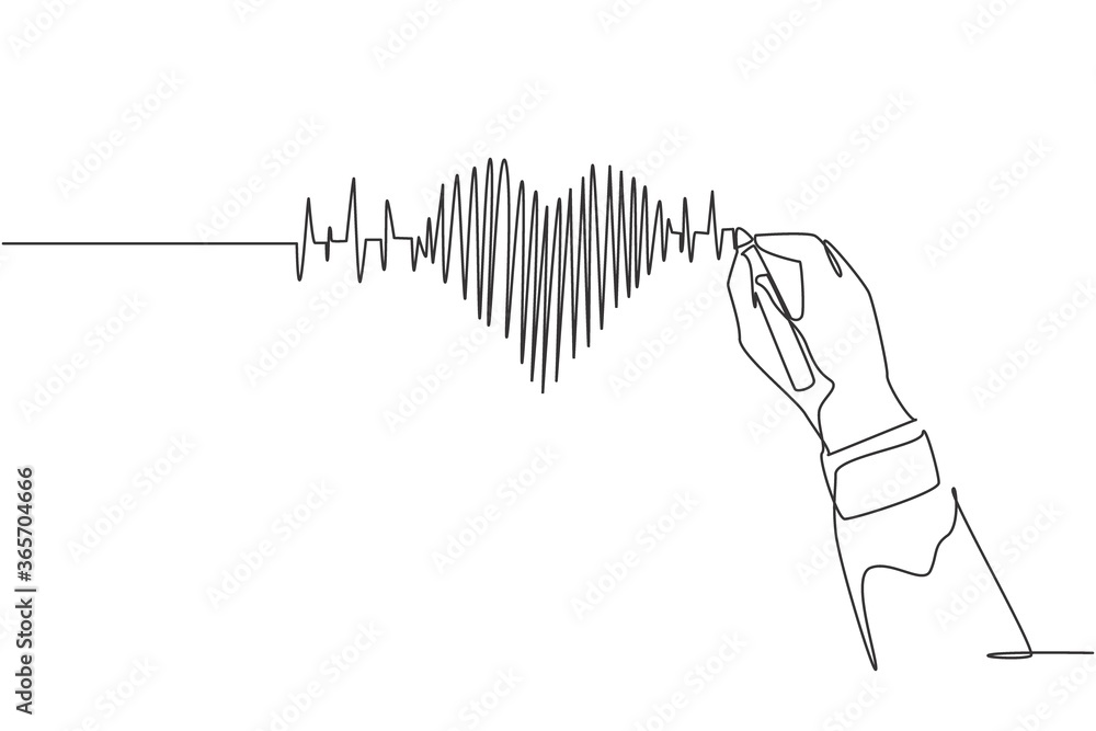 One continuous line drawing of hand drawing human heart beat pulse graph image on whiteboard