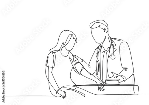 Single continuous line drawing of young male doctor examining young woman patient pulse rate and blood pressure using tensiometer. Medical treatment concept one line draw design vector illustration