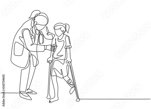 One continuous line drawing of female pediatric doctor doing therapy by helping young girl patient to get walk using crutch. Medical health care concept single line draw design vector illustration