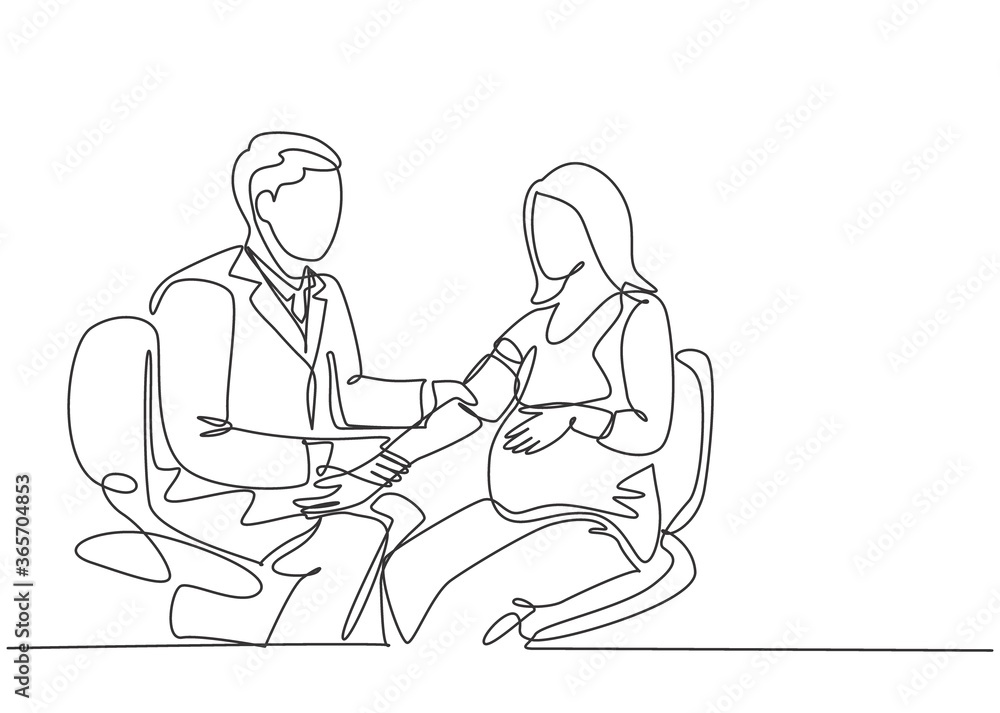 One single line drawing of male obstetrics and gynecology doctor checking the patient blood pressure and fetal condition. Pregnancy health care concept continuous line draw design vector illustration
