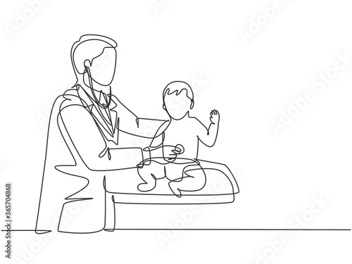 Single continuous line drawing of young male pediatric doctor examining heart beat cute toddler patient with stethoscope. Medical health care treatment concept one line draw design vector illustration