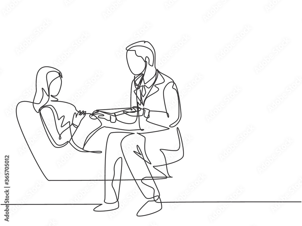 One continuous line drawing of male obstetrics and gynecology doctor checking young pregnant mom who laying in sofa. Pregnancy health care treatment concept single line draw design vector illustration One continuous line drawing of male obstetrics and gynecology doctor checking young pregnant mom who laying in sofa. Pregnancy health care treatment concept single line draw design vector illustration