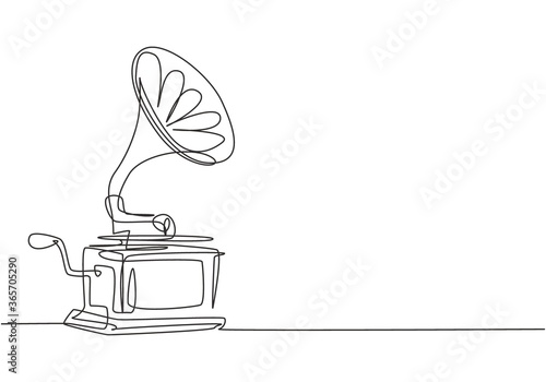 One continuous line drawing of old retro analog gramophone with vinyl desk. Antique vintage music player concept. Musical instrument single graphic line draw design vector illustration photo