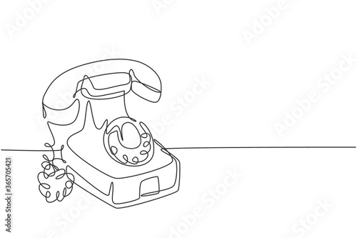 One continuous line drawing of old vintage antique analog desk telephone to communicate. Retro classic telecommunication device concept single line graphic draw design vector illustration