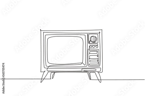 Single continuous line drawing of retro old fashioned tv with wooden case and leg. Antique vintage analog television concept one line draw graphic design vector illustration