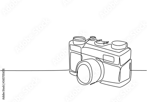 One continuous line drawing of old vintage analog pocket camera, side view. Retro classic photography equipment concept single line graphic draw design vector illustration