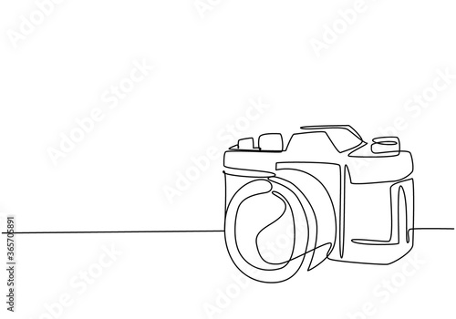 One single line drawing of old retro analog slr camera with telephoto lens. Vintage classic photography equipment concept continuous line draw graphic design vector illustration photo