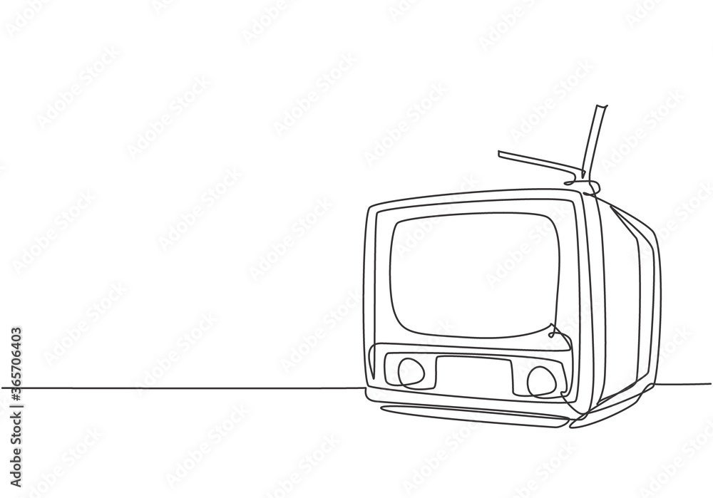One continuous line drawing of retro old classic television with ...
