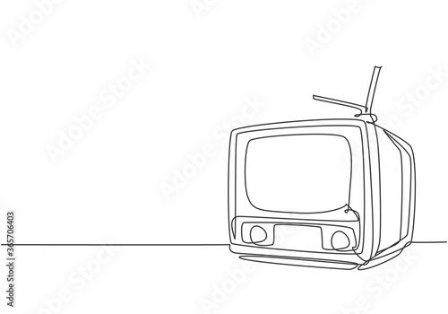 One continuous line drawing of retro old classic television with antenna. Vintage analog tv entertainment item concept single line draw design vector graphic illustration