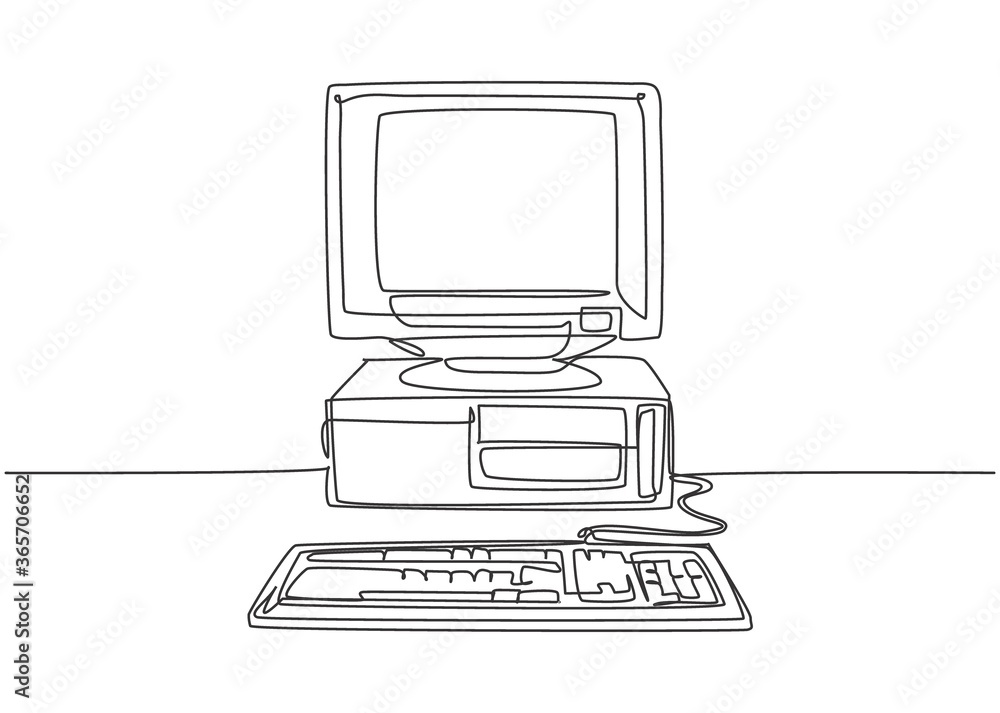 Single continuous line drawing of retro old classic personal computer processor unit. Vintage
