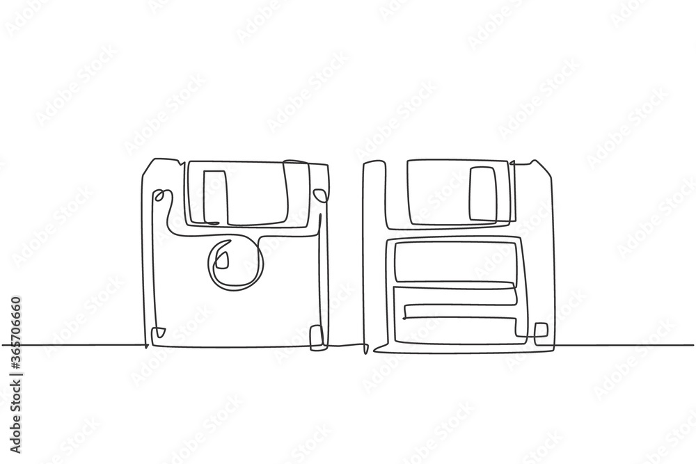 One single line drawing of retro old classic 3.5 inch floppy disk front