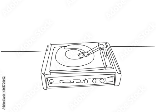 Single continuous line drawing of retro old classic portable music turntable vinyl disc jockey. Vintage analog audio player item concept one line draw design vector illustration graphic