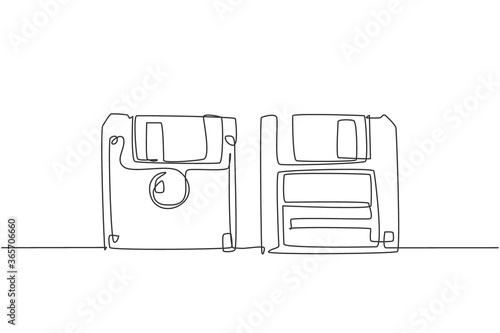 One single line drawing of retro old classic 3.5 inch floppy disk front and back side. Vintage file storage diskette item concept continuous line graphic draw design vector illustration