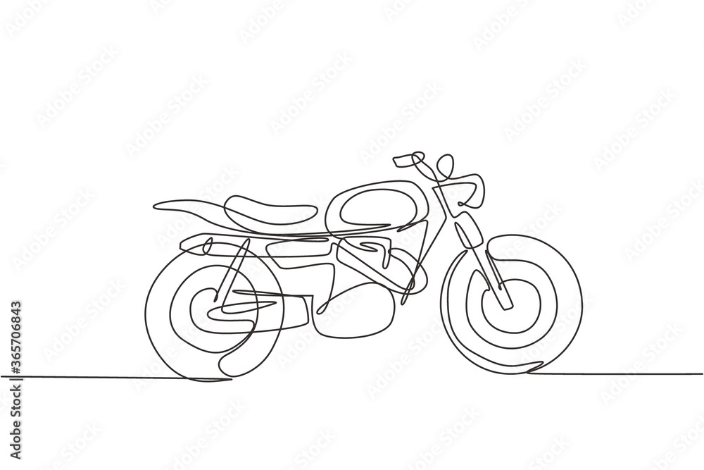 Single continuous line drawing of classic motorbike logo. Rural