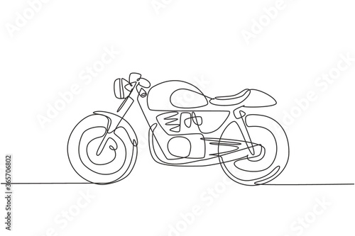 One continuous line drawing of retro old vintage motorcycle icon. Classic motorbike transportation concept single line draw graphic design vector illustration