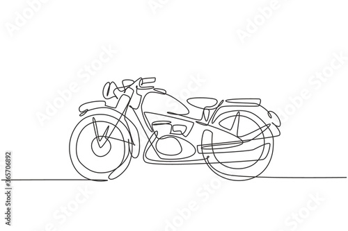 Single continuous line drawing of old classic vintage motorcycle symbol. Retro motorbike transportation concept one line draw design vector graphic illustration