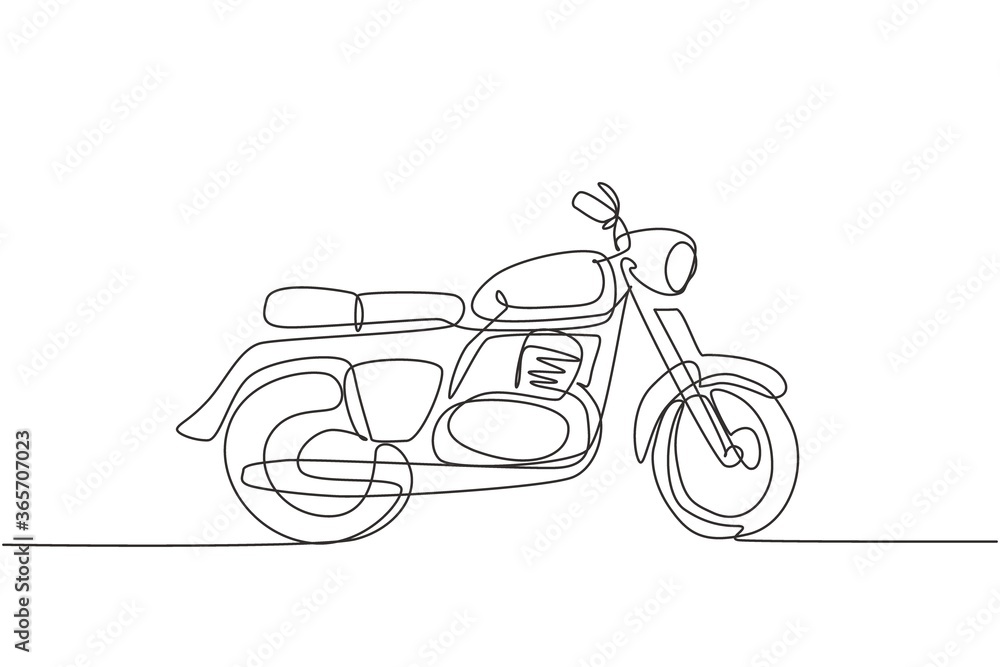 Single continuous line drawing of classic motorbike logo. Rural