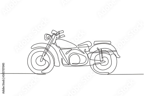 Single continuous line drawing of old classic vintage motorcycle symbol. Retro motorbike transportation concept one line graphic draw design vector illustration