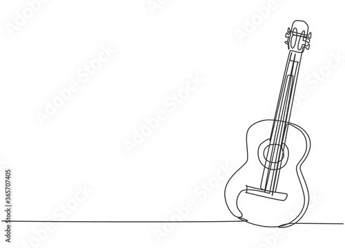 One single line drawing of wooden acoustic guitar. Trendy stringed music instruments concept continuous line graphic draw design vector illustration