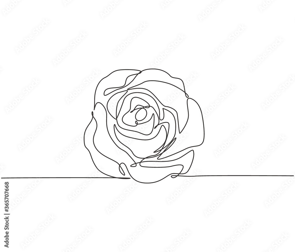 Fototapeta One continuous line drawing of fresh beautiful romantic rose flower. Greeting card, invitation, logo, banner, poster concept. Trendy single line draw design vector graphic illustration