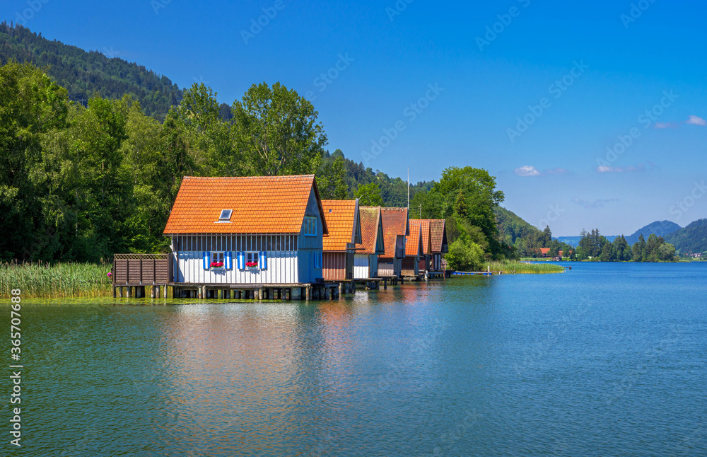 Bootshäuser in Bühl, Großer Alpsee, bei Immenstadt, Oberallgäu, Allgäu, Schwaben, Bayern, Süddeutschland, Deutschland, Europa