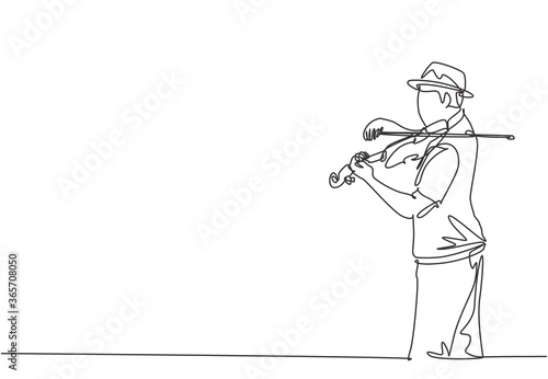 Single continuous line drawing of young happy male violinist wearing a hat and performing to play violin on music concert. Musician artist performance concept one line draw design vector illustration
