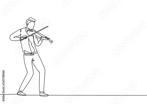 One single line drawing of young happy male violinist performing to play violin on music concert. Musician artist performance concept continuous line draw design vector graphic illustration