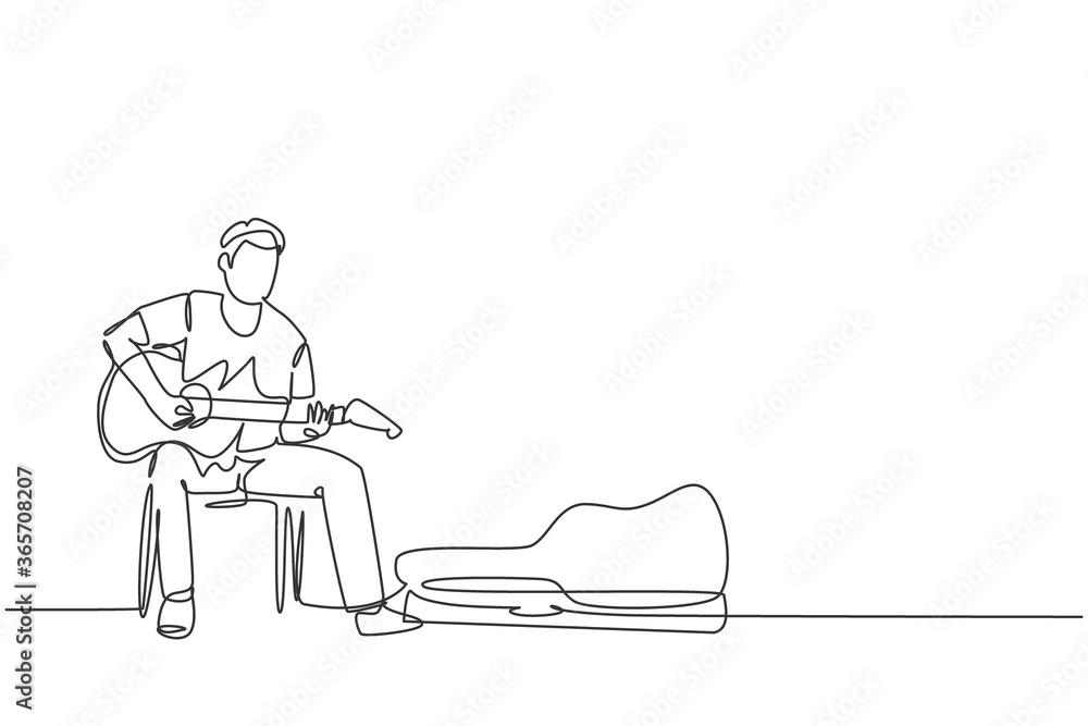 One continuous line drawing of young happy male guitarist sitting and busking by playing guitar on uptown road. Street musician artist performance concept single line draw design vector illustration One continuous line drawing of young happy male guitarist sitting and busking by playing guitar on uptown road. Street musician artist performance concept single line draw design vector illustration