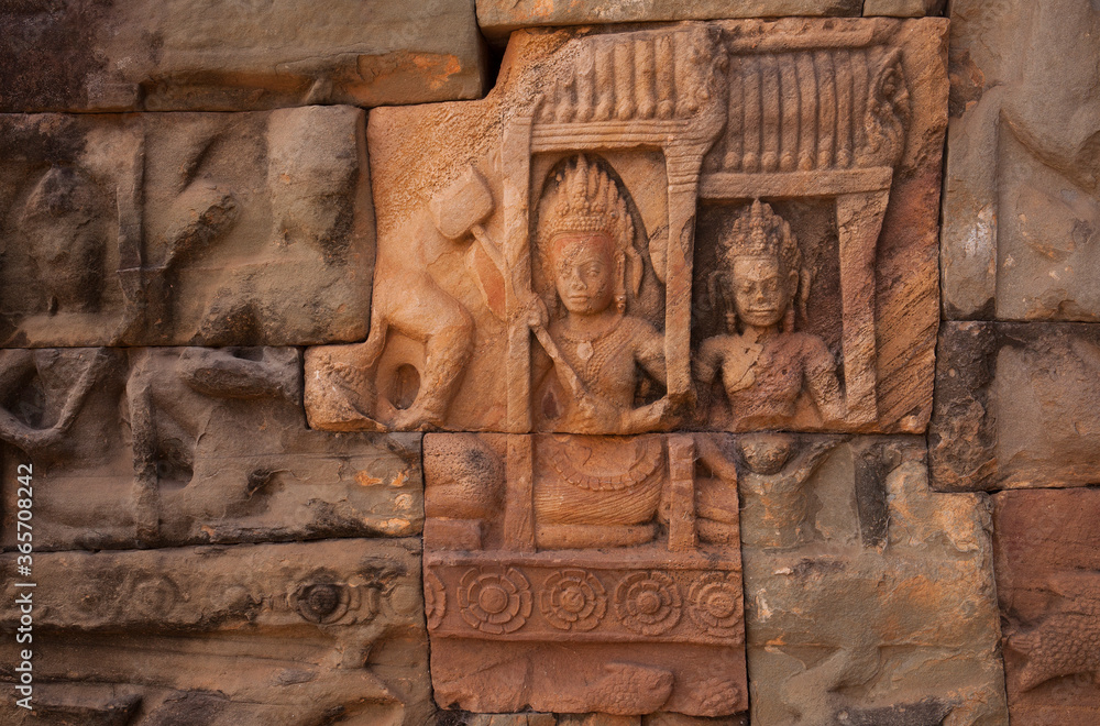 Closeup of weathered ruins at  Preah Khan, a 12th-century temple at Angkor Wat, Cambodia
