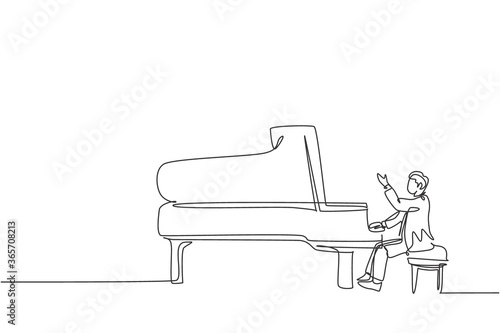 One single line drawing of young happy male pianist playing classic grand piano on music concert festival stage. Musician artist performance concept continuous line draw design vector illustration